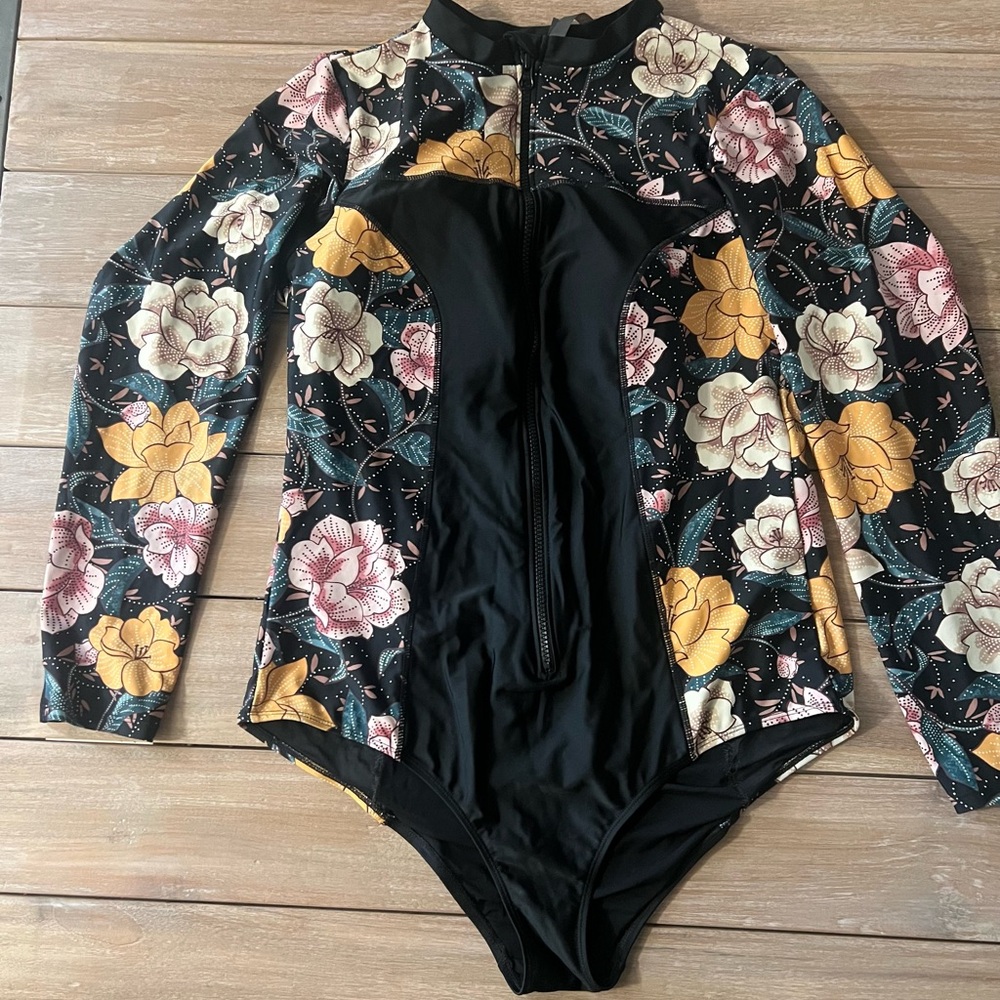Torrid Black and Pink One Piece Swimwear with Floral Design